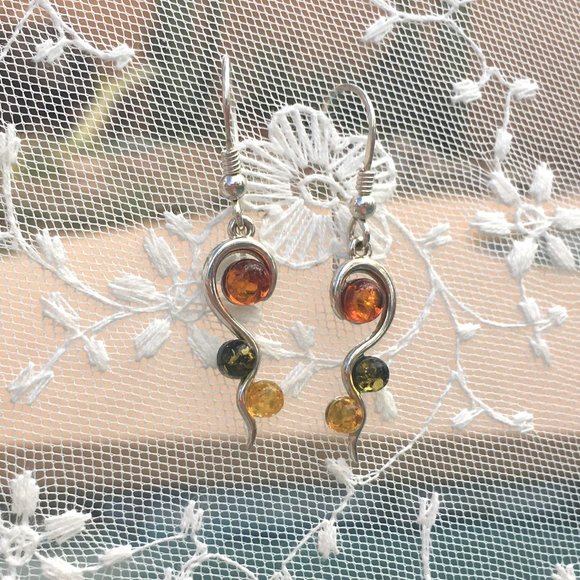 Genuine Baltic Amber Multicolor Earrings .925 Sterling Silver Swirl Design - Picture 12 of 13